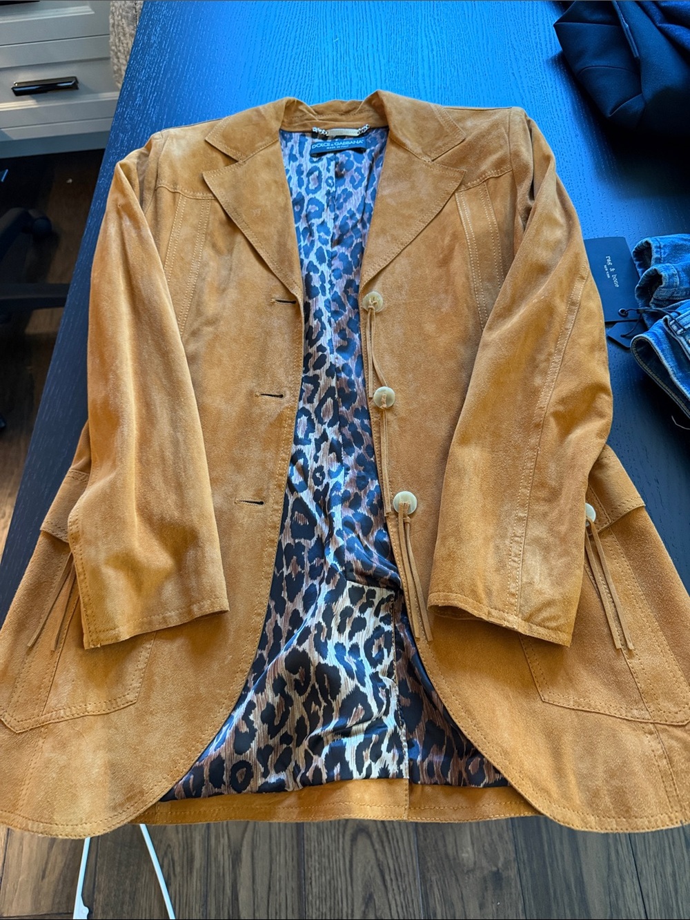 Dolce & Gabbana Camel Suede Blazer with Leopard Lining